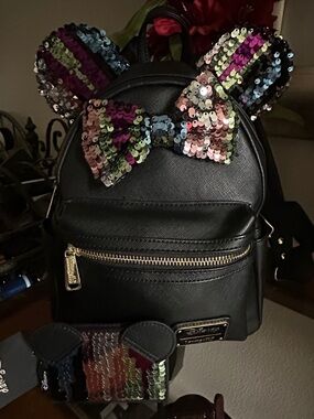 Disney Black Backpack w/Multicolor Sequin Ears &Bow w/Loungefly matching wallet
